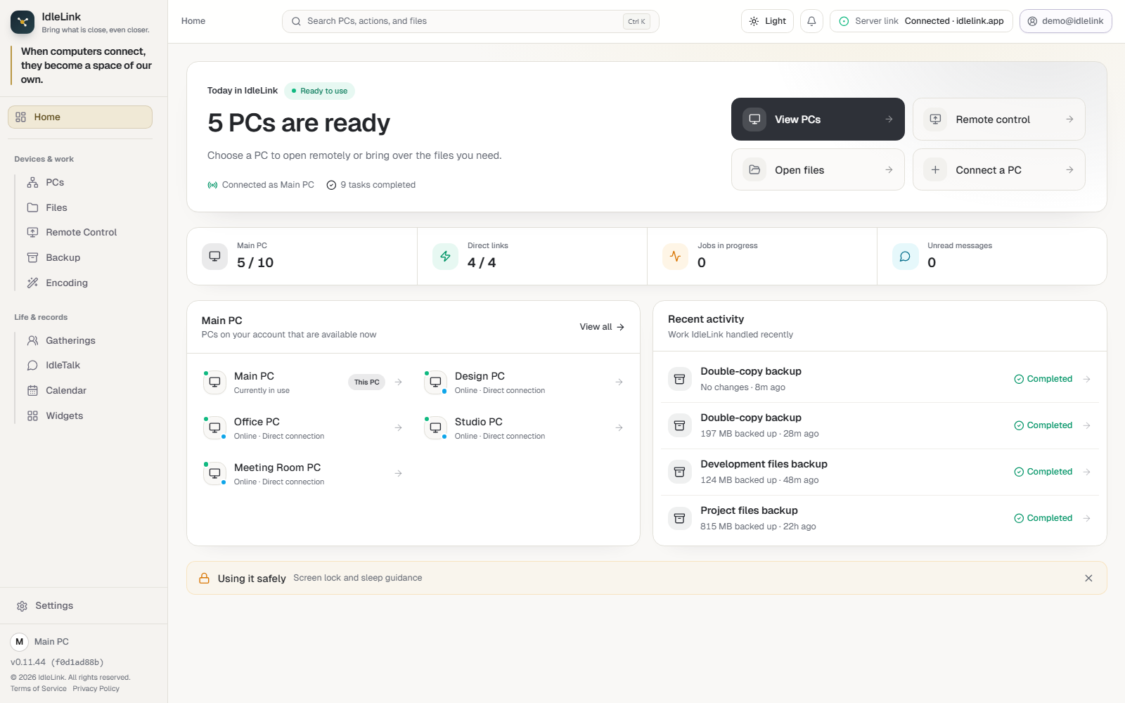 The current IdleLink dashboard showing connected PCs, remote control, files, and recent backup activity.
